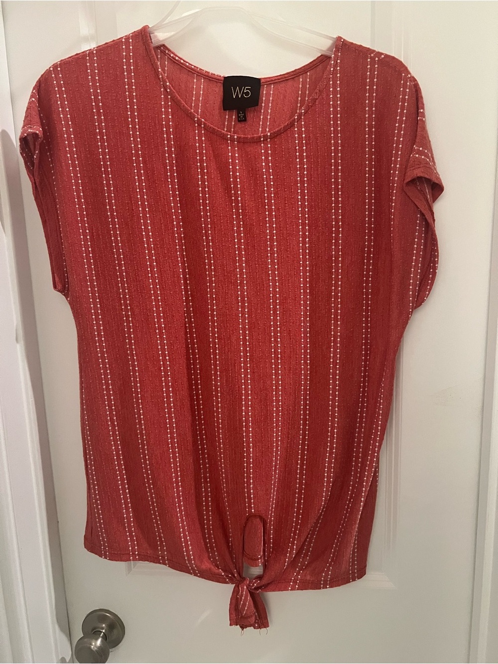 W5 Women’s Textured Red Top Short Sleeve Tie Front Striped